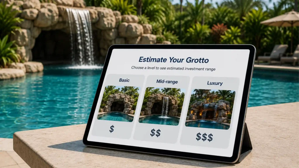 Tablet screen displaying pool grotto price tier estimate