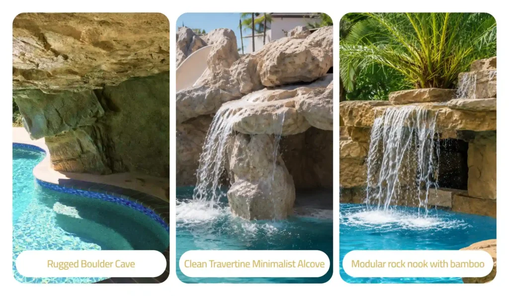 South Florida backyard pool grotto with waterfall and stone seating