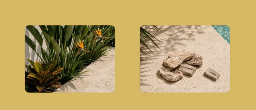 Florida plantings and stone samples arranged near grotto decking