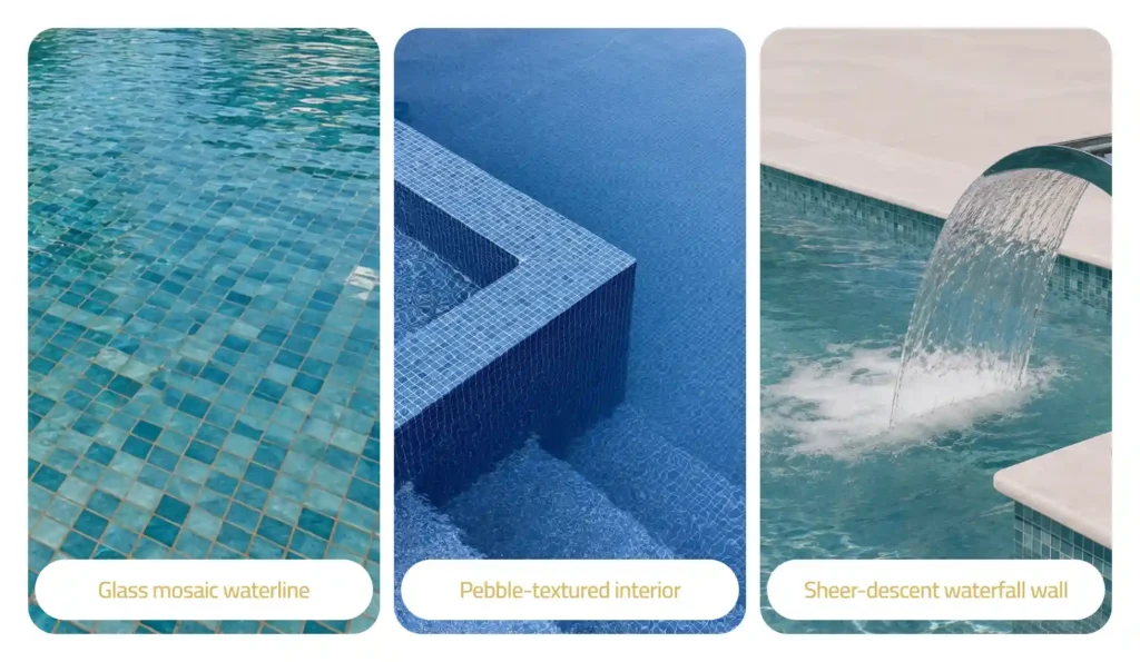 Homeowner comparing infinity-edge and rectangle pool layouts on tablet