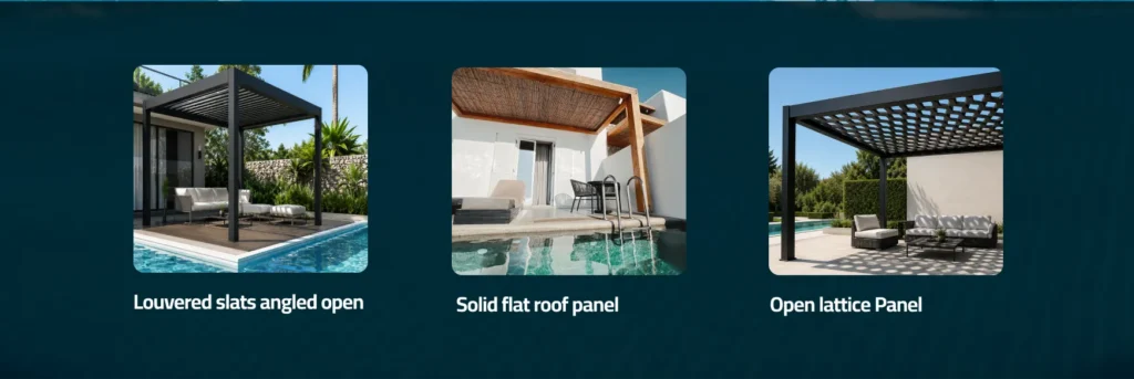 Three pergola roof styles compared for pool shade options