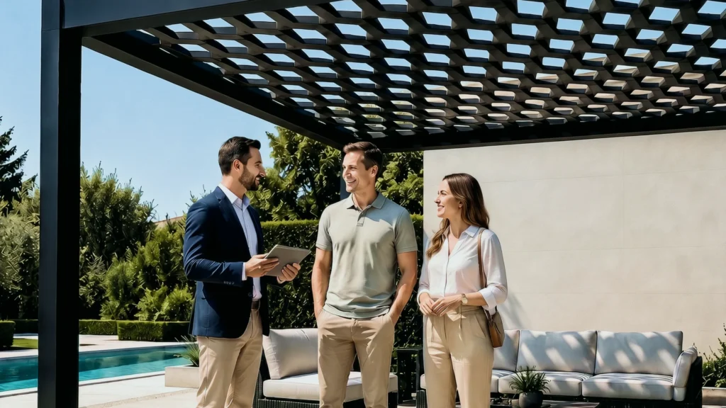 Designer and homeowner reviewing pergola sizing on a pool deck