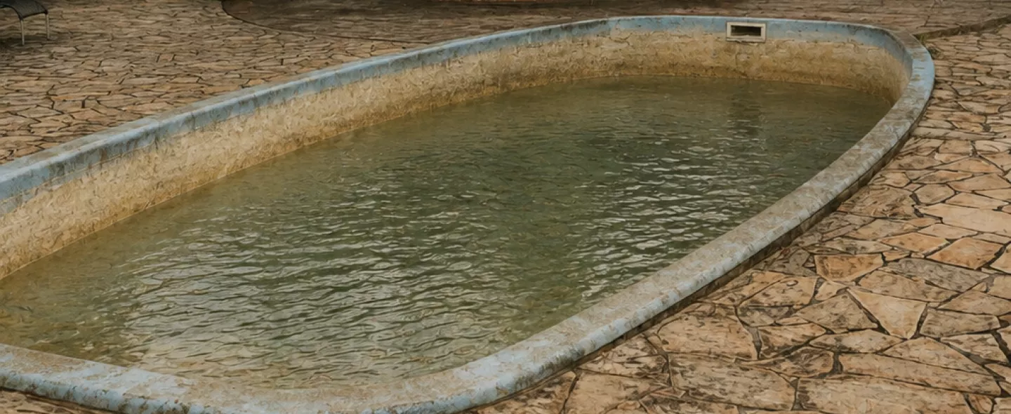 Older South Florida pool before renovation with worn plaster and dated tile