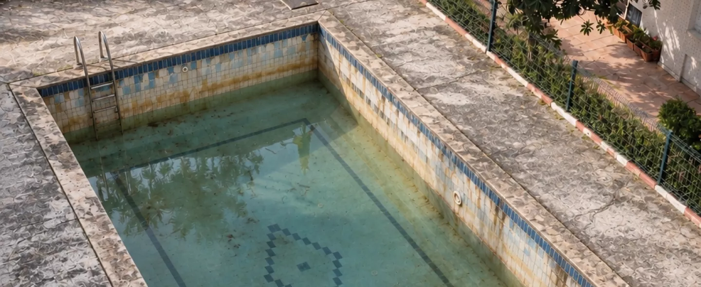 Plain rectangular backyard pool before remodel with bare deck and no features