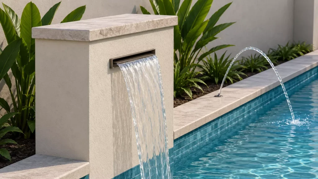 Slim scupper waterfall built into a narrow pool wall