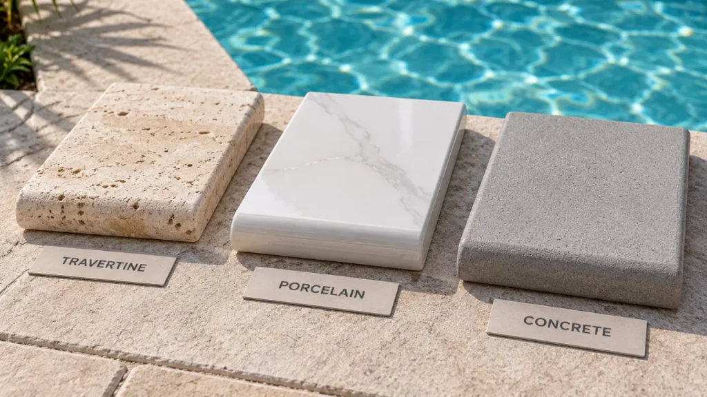 Travertine, porcelain, and concrete coping samples arranged for comparison