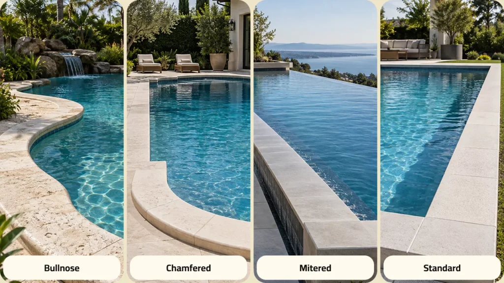 Diagram matching coping profiles to freeform, Roman, and infinity pool shapes