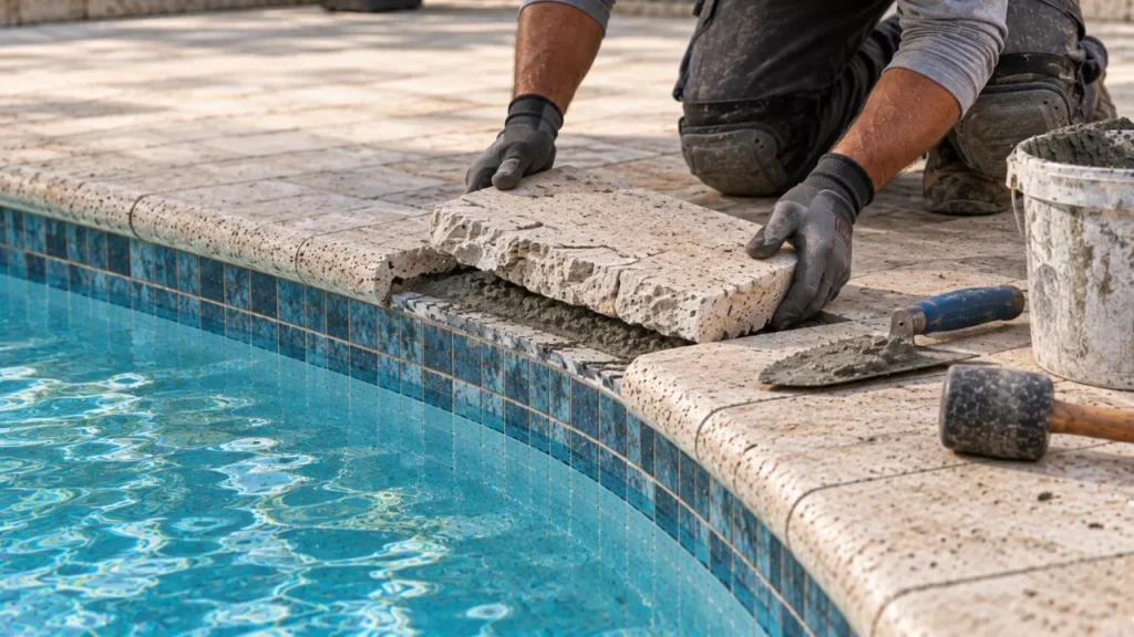 Mason resetting a cracked stone coping piece at pool edge