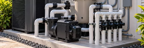 Neatly installed pool pump filter and plumbing manifold on equipment pad