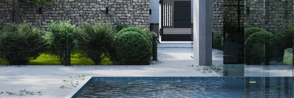 Paver driveway and walkway leading to a Florida home with turf accents