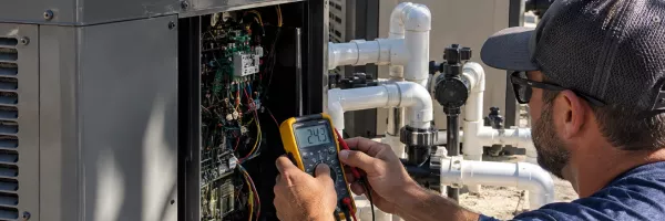 Pool heat pump and gas heater control panel being tested by technician