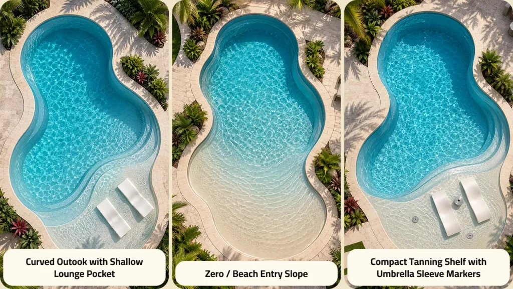 Diagram of lagoon pool shapes, outcoves, and tanning shelf