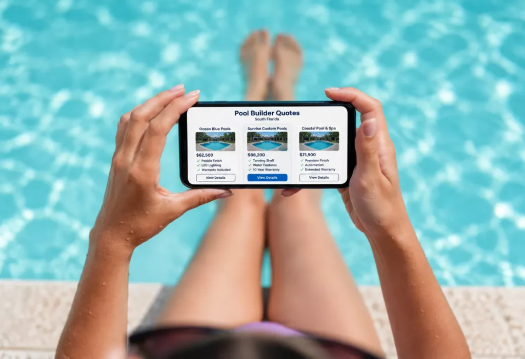 Homeowner comparing pool builder quotes beside finished backyard pool