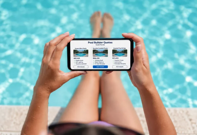 Homeowner comparing pool builder quotes beside finished backyard pool