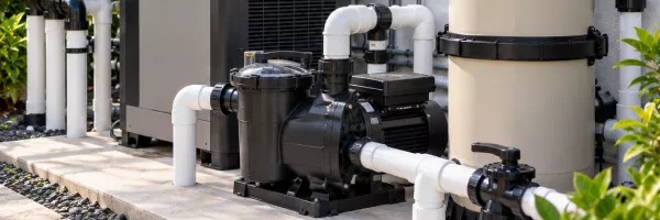 Modern pool equipment system with variable-speed pump, heater, filter, and automation controls