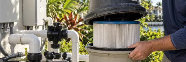 Technician servicing a variable-speed pool pump and cartridge filter outdoors
