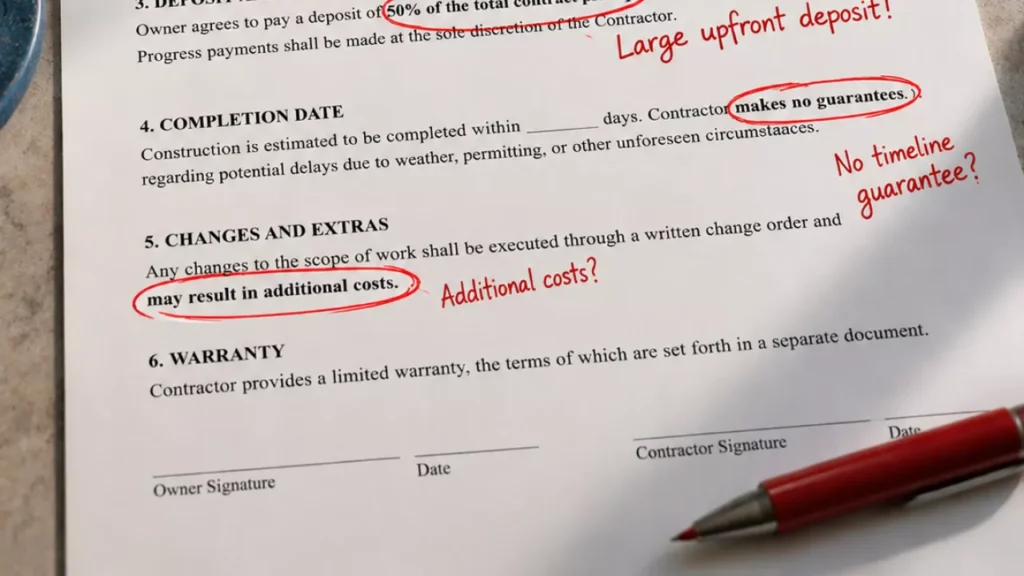 Contract document with pool builder red flags circled in red ink