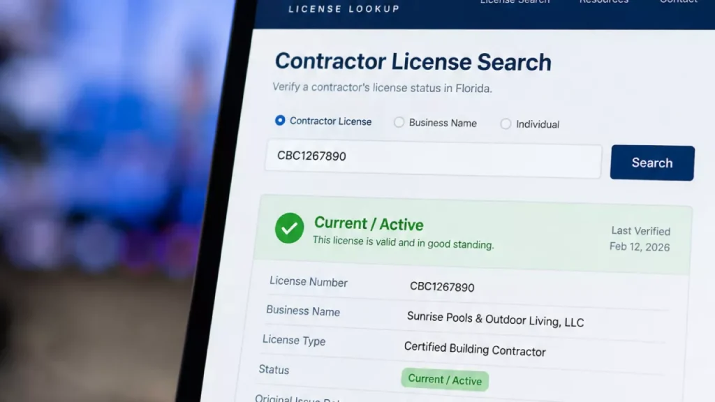 Screen showing Florida pool contractor license lookup verification result