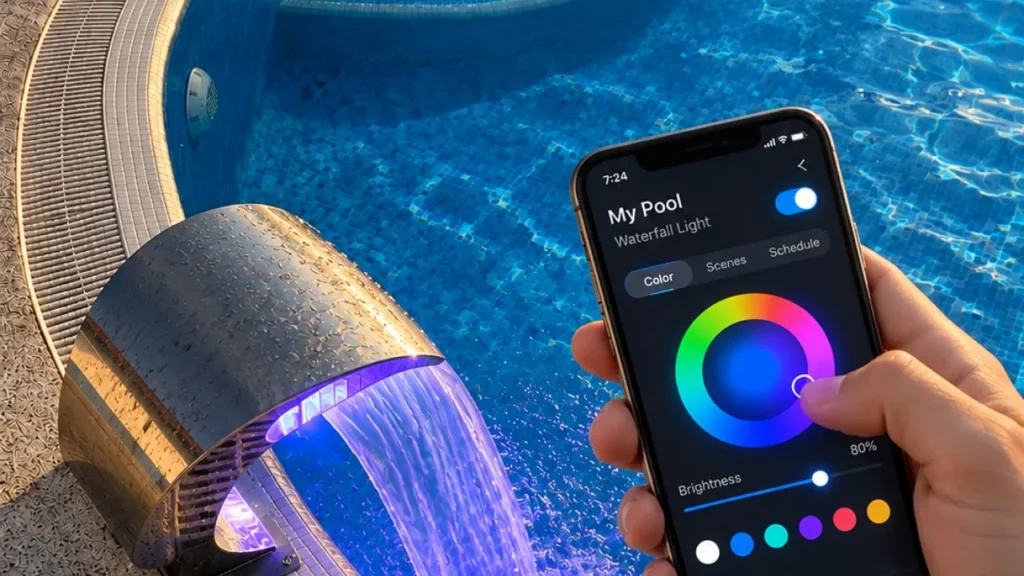 Pool automation app screen controlling color-changing waterfall lighting