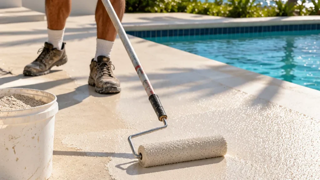 Contractor rolling light coating on a coastal pool deck