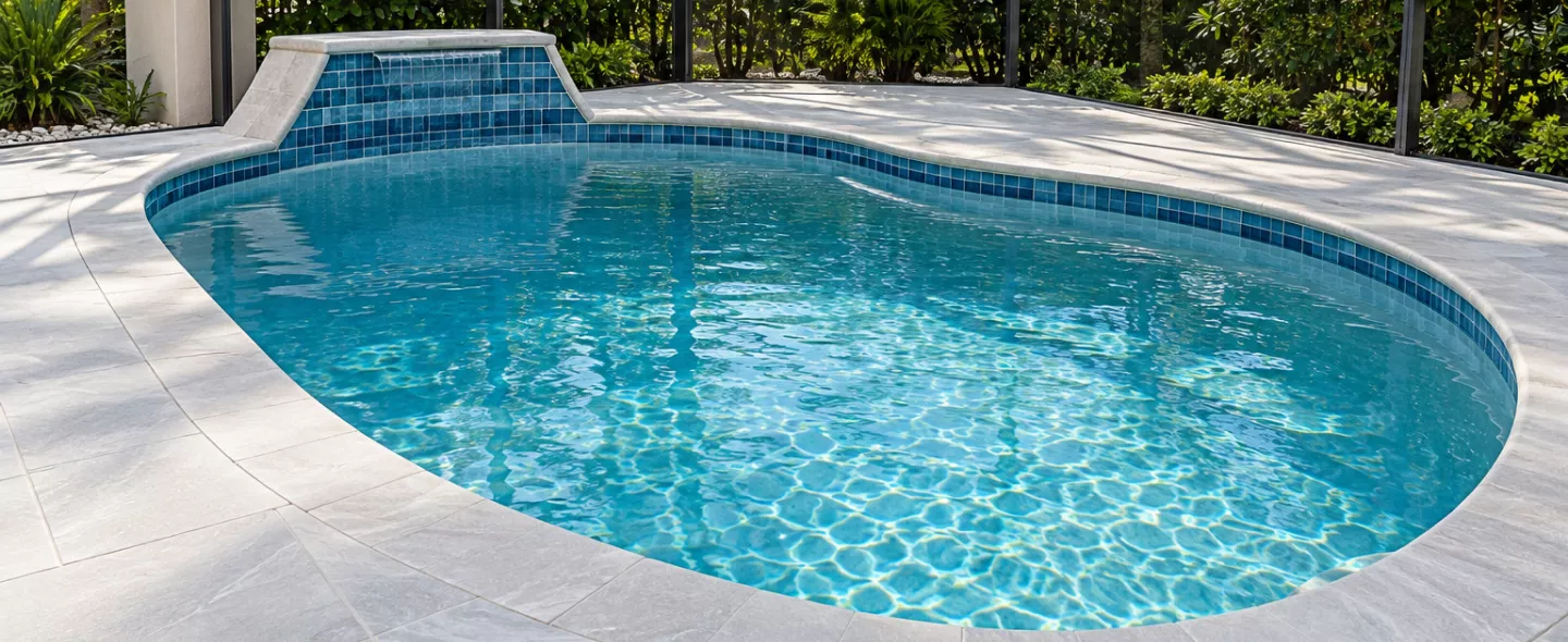 New travertine pool coping after replacement on a South Florida pool