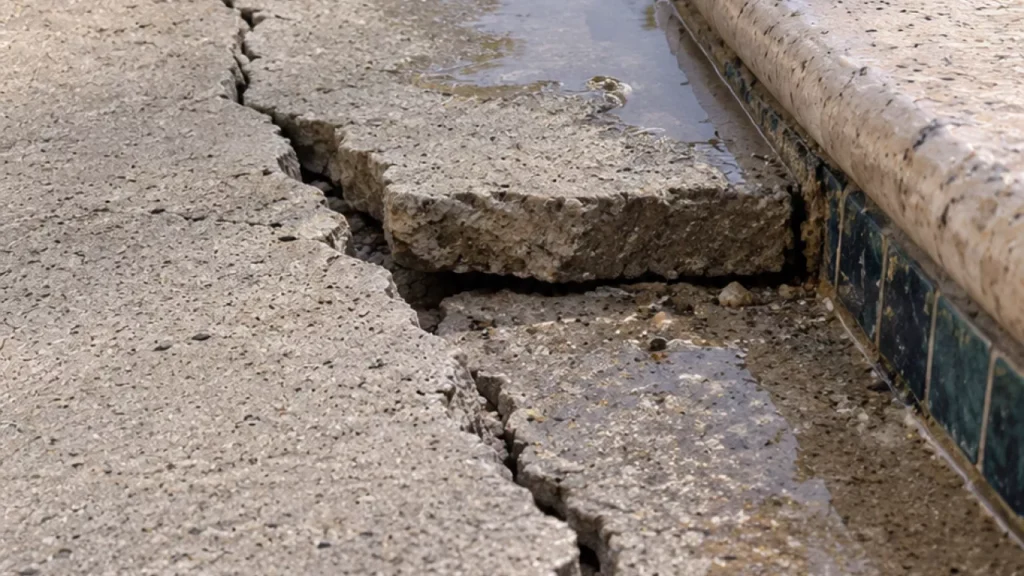 Cracked, uneven concrete pool deck with ponding water