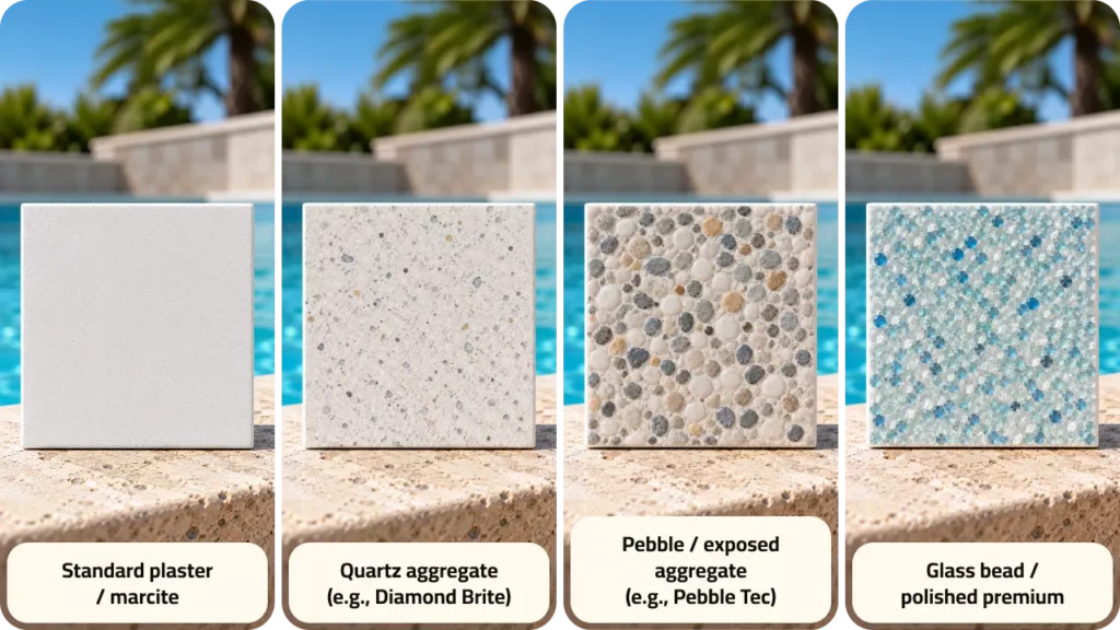 Four pool finish sample tiles in a row