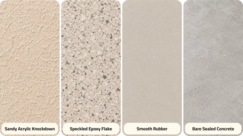Four coating sample boards showing different deck textures