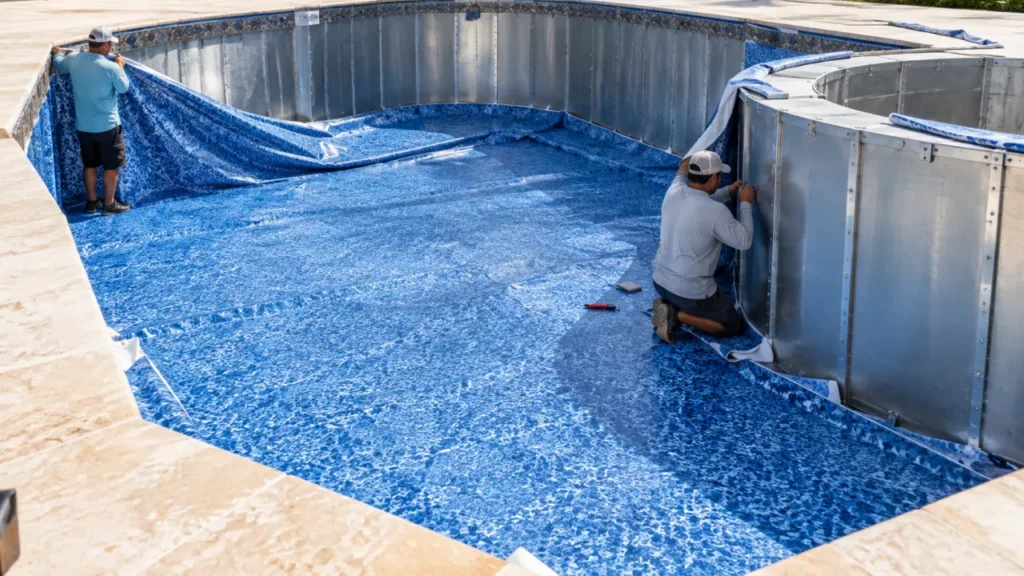 Vinyl liner being stretched over pool wall panels