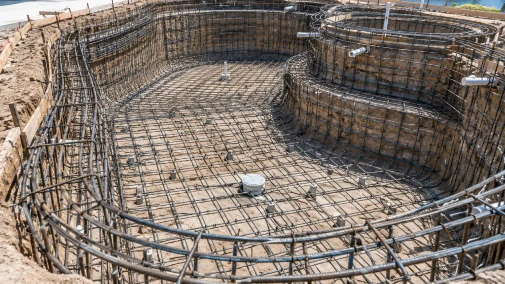 Tied steel rebar cage in an excavated pool shape