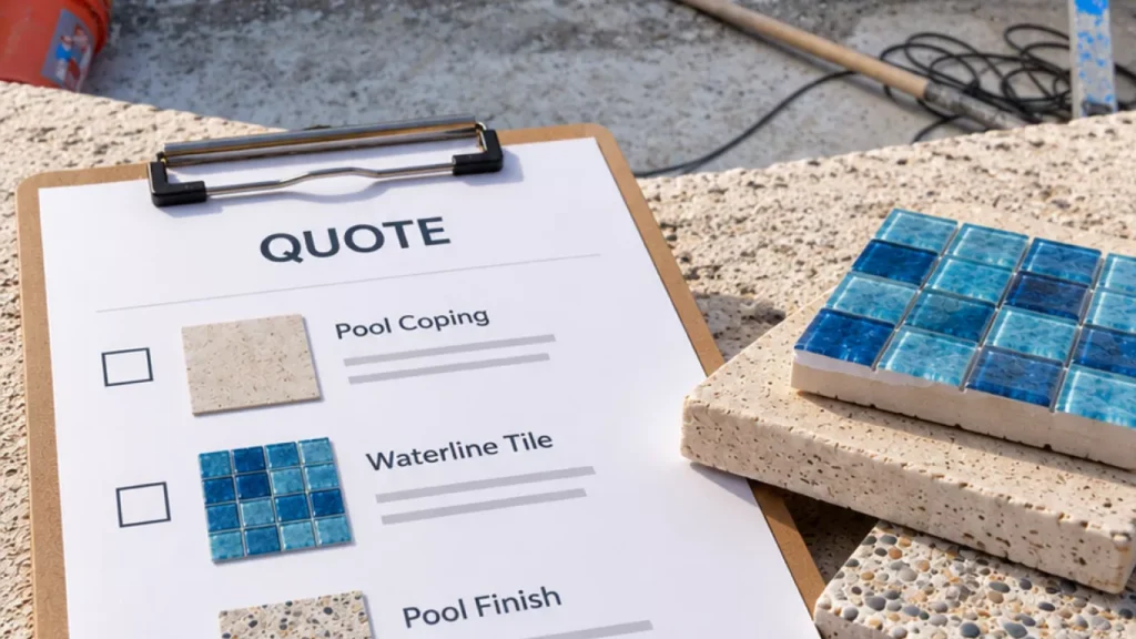 Written itemized quote beside pool coping and tile samples
