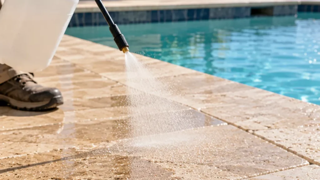 Sealer being sprayed onto travertine pavers beside pool