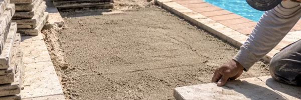 Crew relaying leveled pavers on a rebuilt base beside a pool