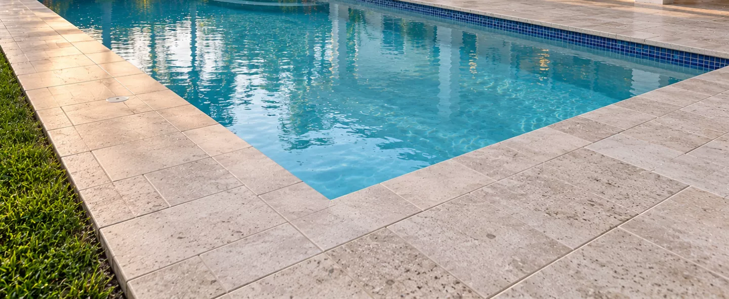 Level, evenly reset pavers around a South Florida pool after leveling