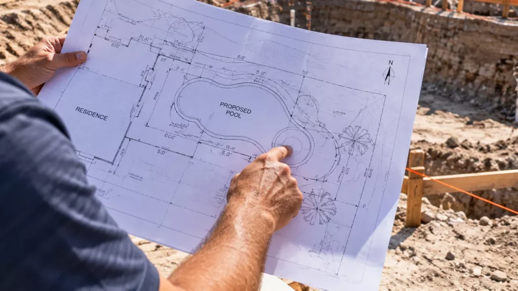 Homeowner studying a site survey drawing for pool placement